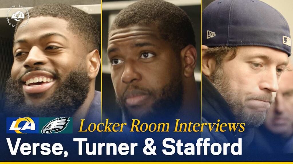 Los Angeles Rams outside linebacker Jared Verse, defensive end Kobie Turner, and quarterback Matthew Stafford react to react to Divisional Round loss vs. Philadelphia Eagles Los Angeles Rams outside linebacker Jared Verse, defensive end Kobie Turner, and quarterback Matthew Stafford react to react to Divisional Round loss vs. Philadelphia Eagles
