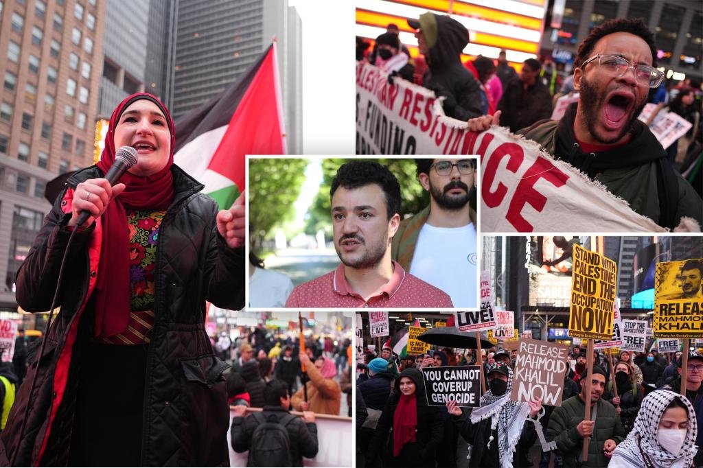 Protesters rally in Times Square calling for release of anti-Israel Columbia grad student Mahmoud Khalil Protesters rally in Times Square calling for release of anti-Israel Columbia grad student Mahmoud Khalil
