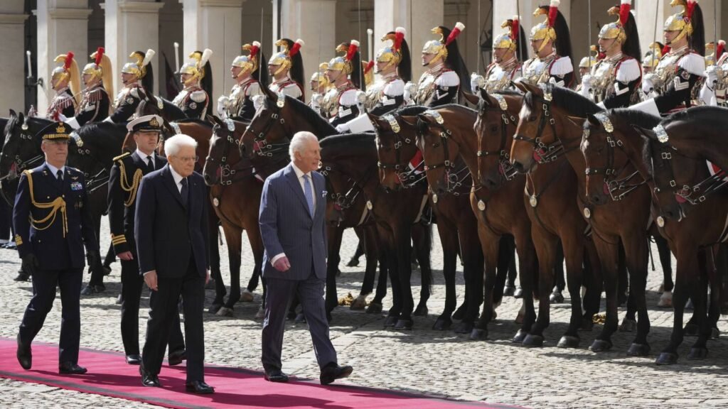 UK Royals meet Italy’s President Mattarella at Quirinale Palace greeted by flyover of aerobatic jets UK Royals meet Italy’s President Mattarella at Quirinale Palace greeted by flyover of aerobatic jets
